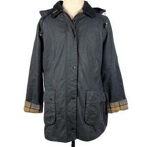 Barbour Beadnell Waxed Jacket Womens 18 2XL Navy Tartan Removable Hood $453
